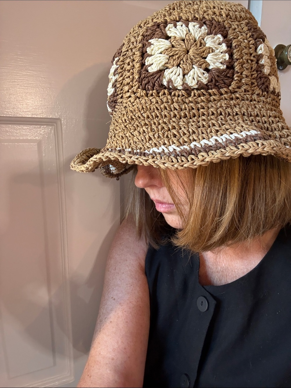 Women’s Crochet Bucket Hat in Brown and Cream
